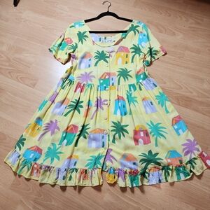 Jams World Short Sleeve Button Front Mini Dress Yellow Houses S (Flaw: Spots)